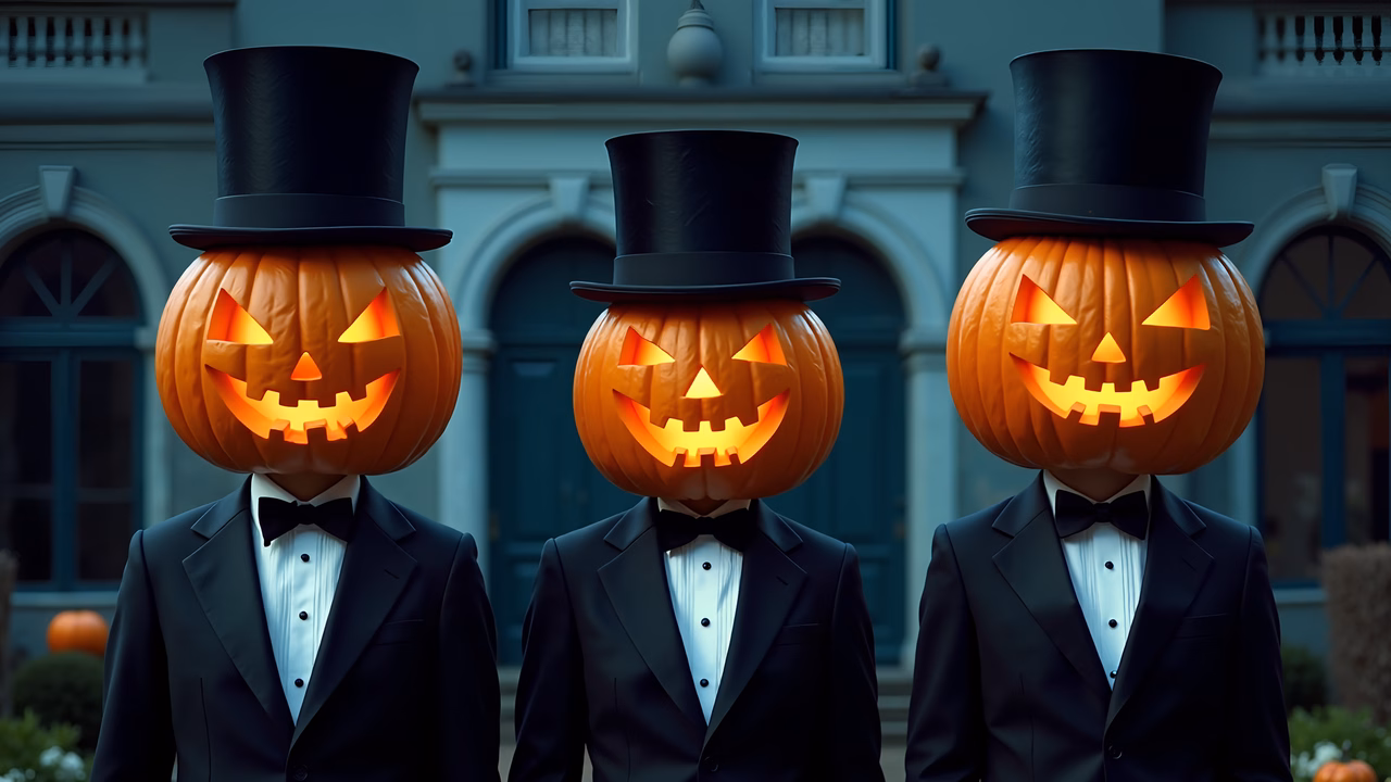 Three gentlemen in tuxedos with glowing pumpkin heads against a classic building backdrop.