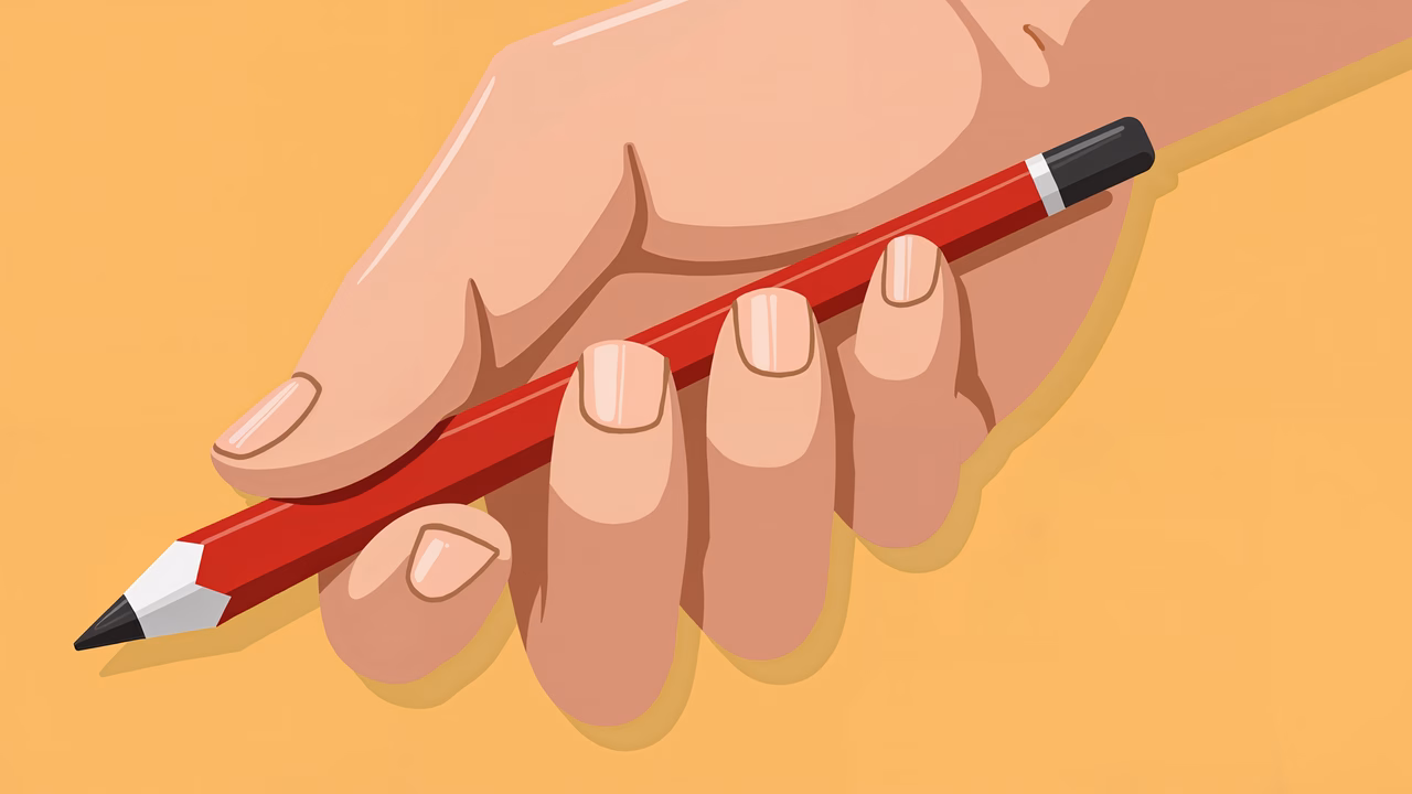Close-up illustration of a hand holding a red pencil on a yellow background.