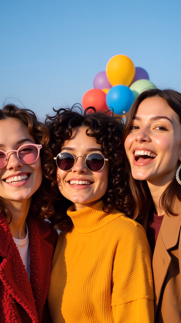 Bright smiles and colorful balloons create a joyful moment among friends.