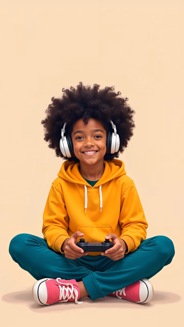 A joyful child immersed in gaming, wearing bright colors and headphones.