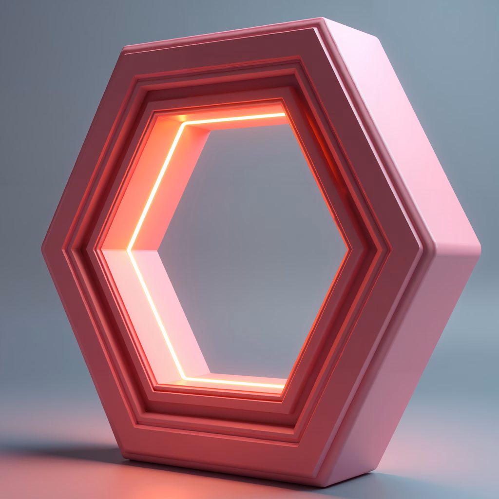 Vibrant neon hexagon structure with concentric layers, abstract art