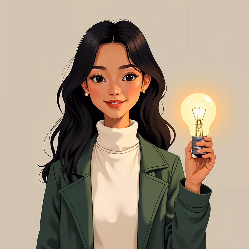 A young woman holding a glowing light bulb, symbolizing creativity and innovation.