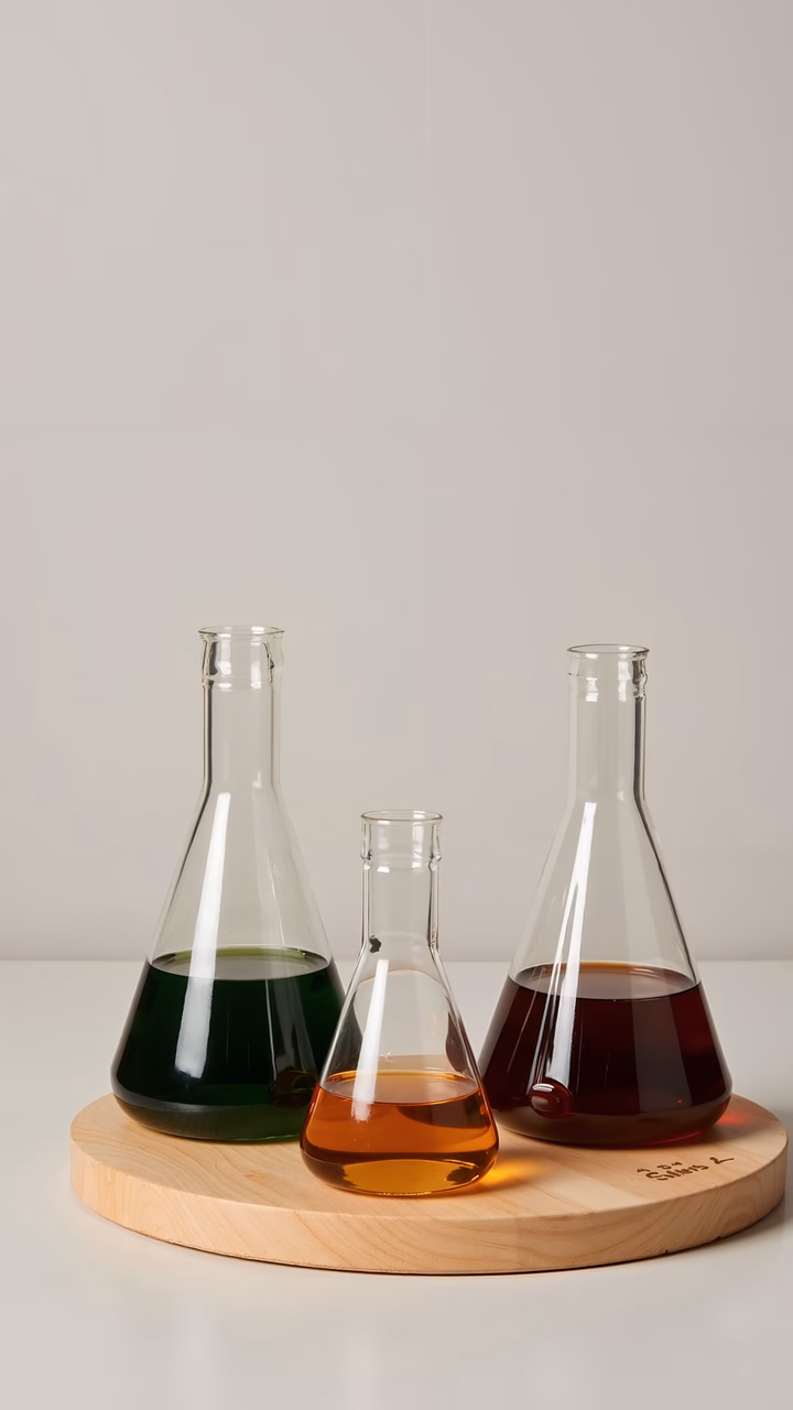 Three flasks with colored liquids on a wooden tray, minimalist background.