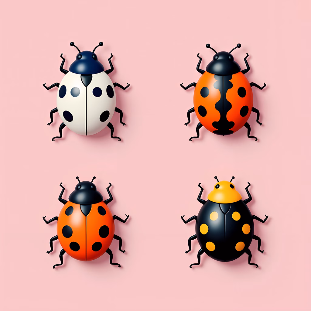 Four colorful ladybugs on a pink background, playful and vibrant children's art.