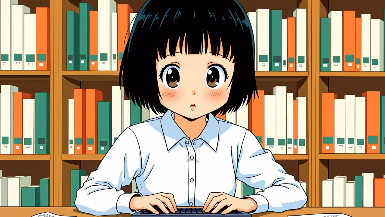 A curious girl in a library surrounded by books, captured in a serene illustration.