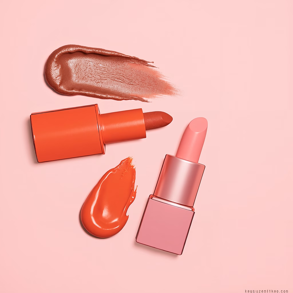 Two lipsticks with swatches on a pastel pink background.