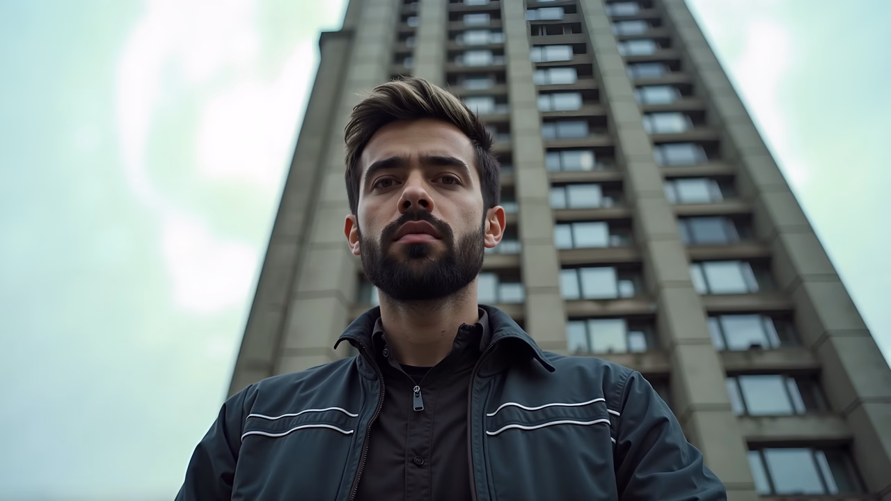 Man in front of skyscraper, urban portrait, cityscape, contemplative
