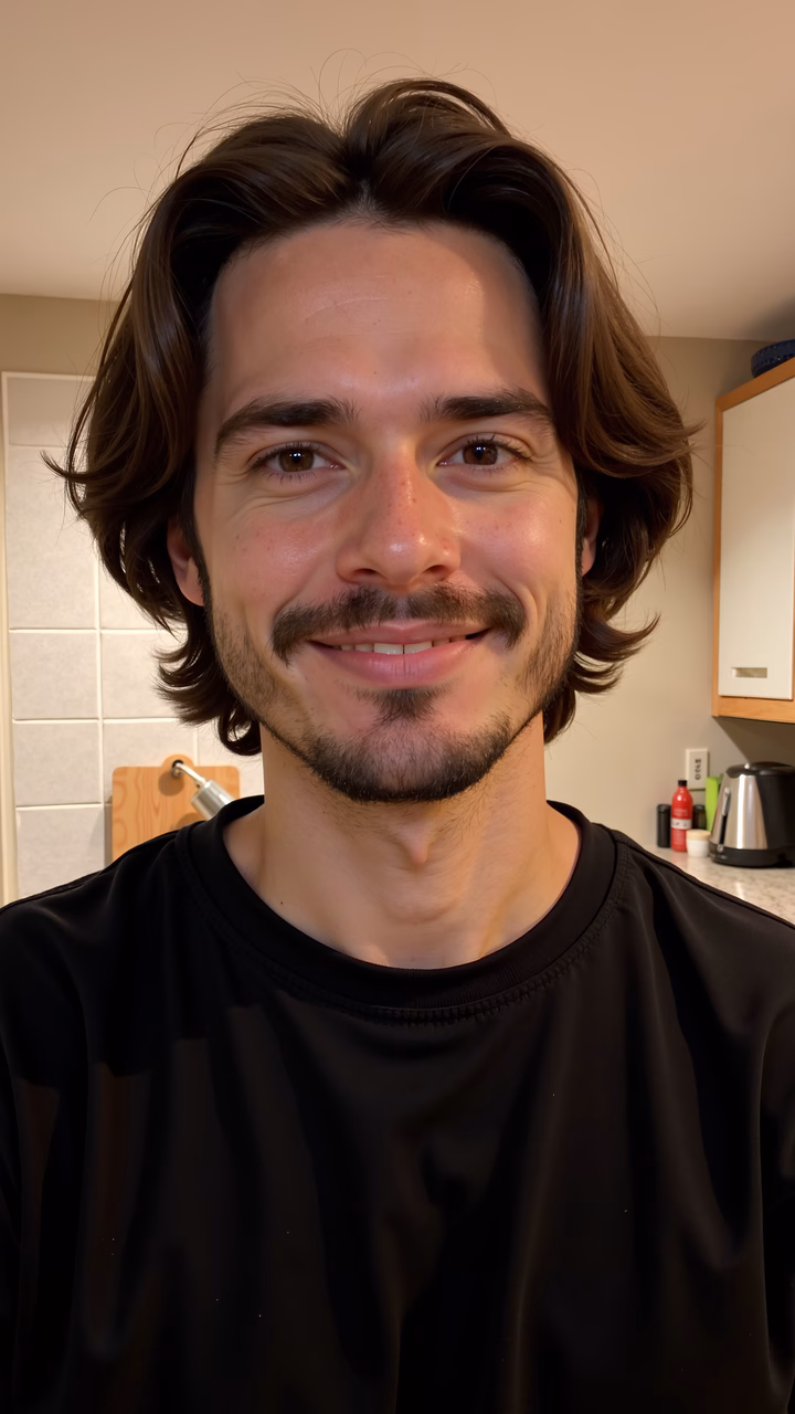 Close-up portrait of a man with long hair and mustache in a kitchen setting.