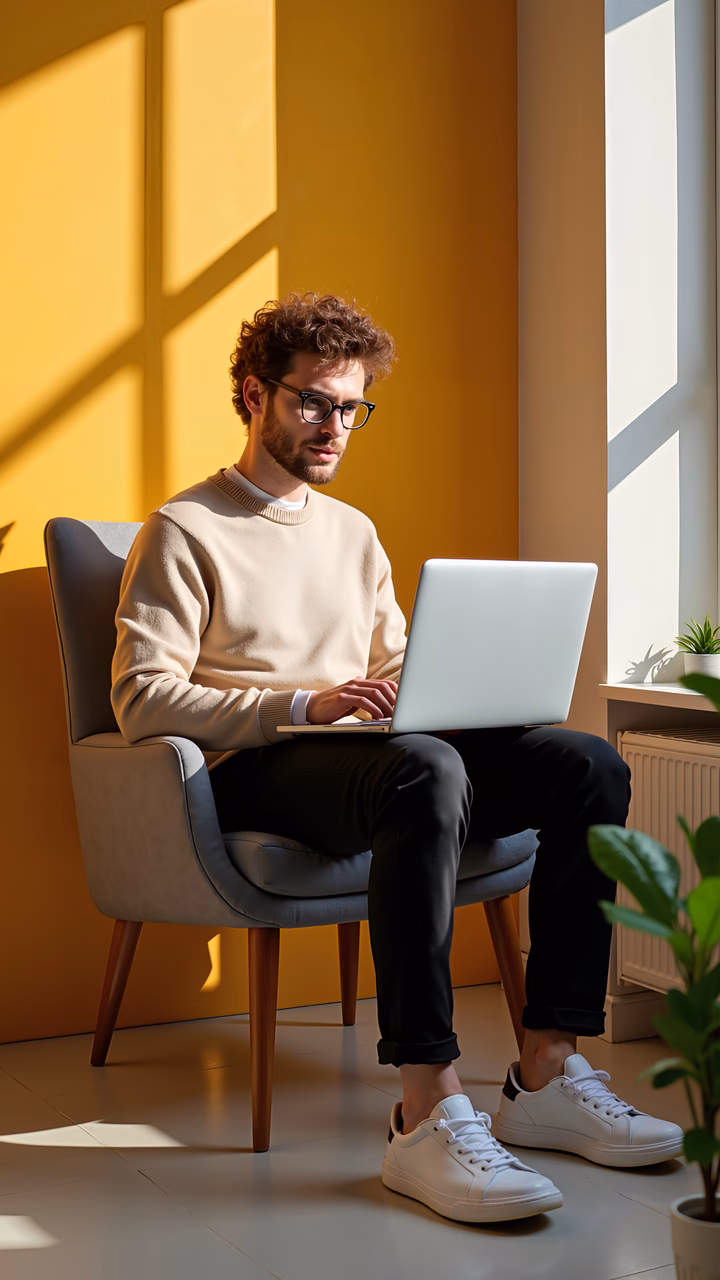 Casual work session in a cozy, sunlit room.