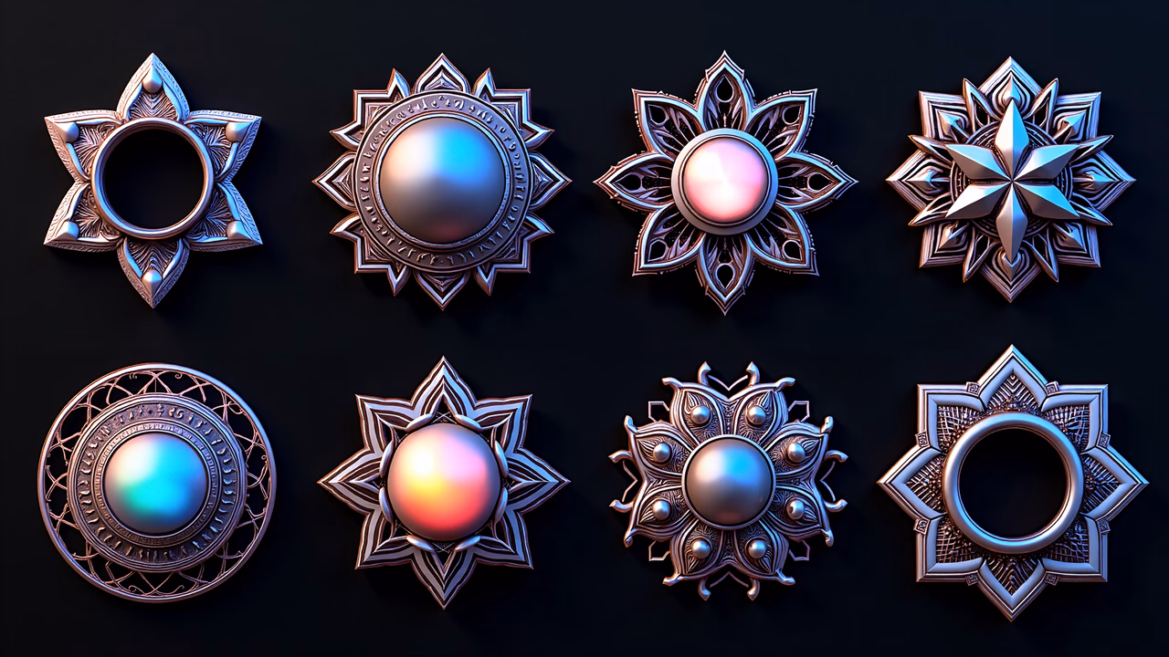 Intricate metallic mandalas with varied designs and gemstones.