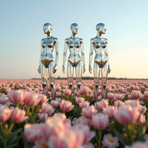 Metallic Mannequins Among Tulips
