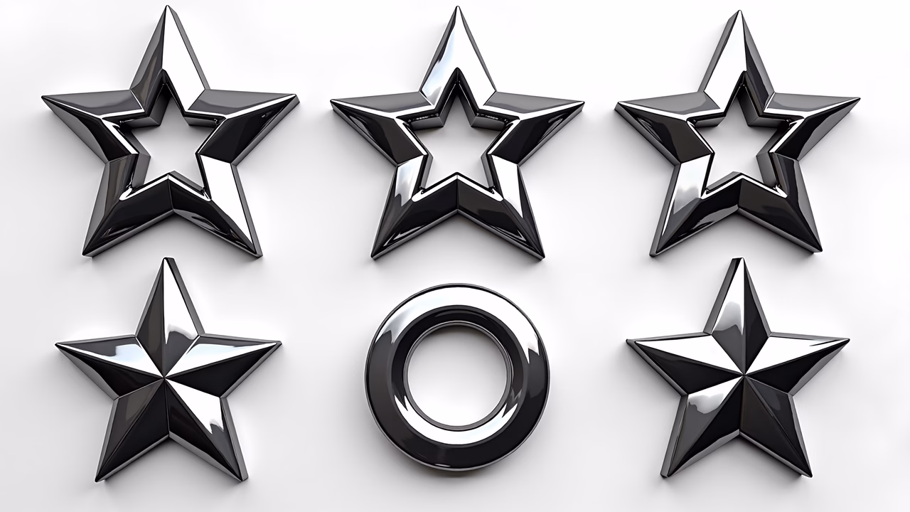 Symmetrical metallic stars and a central circle on a white background.