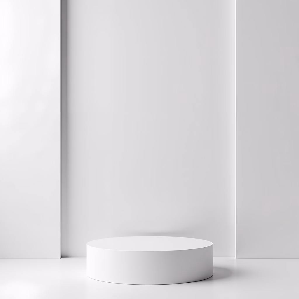 A minimalist white podium in a serene, monochromatic setting.