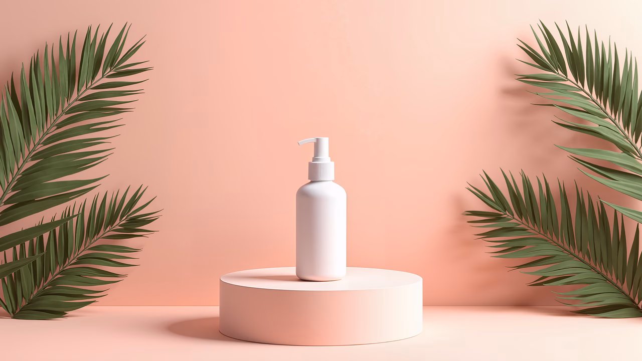 Minimalistic product presentation with a white pump bottle on a pedestal against a peach backdrop and palm leaves.