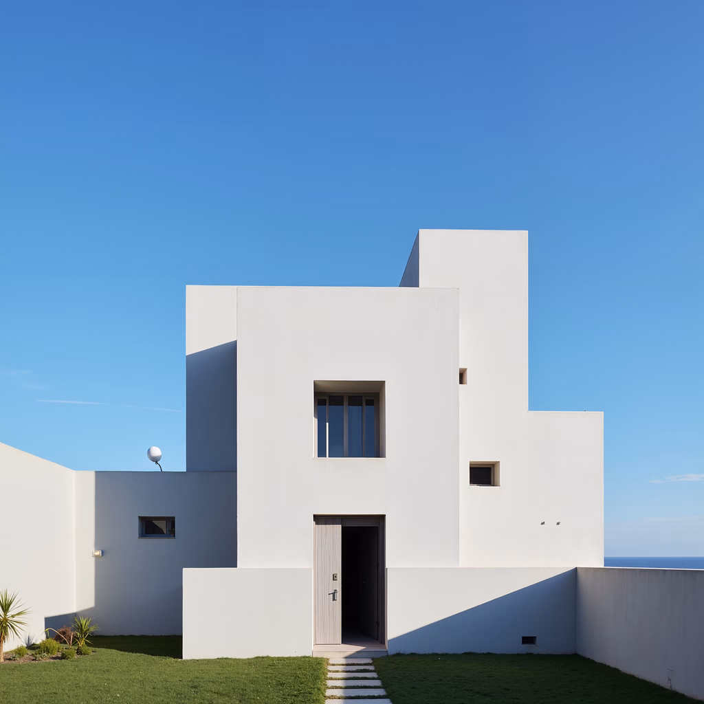 Minimalist white house with clean lines and geometric shapes, set against a clear blue sky and ocean view.