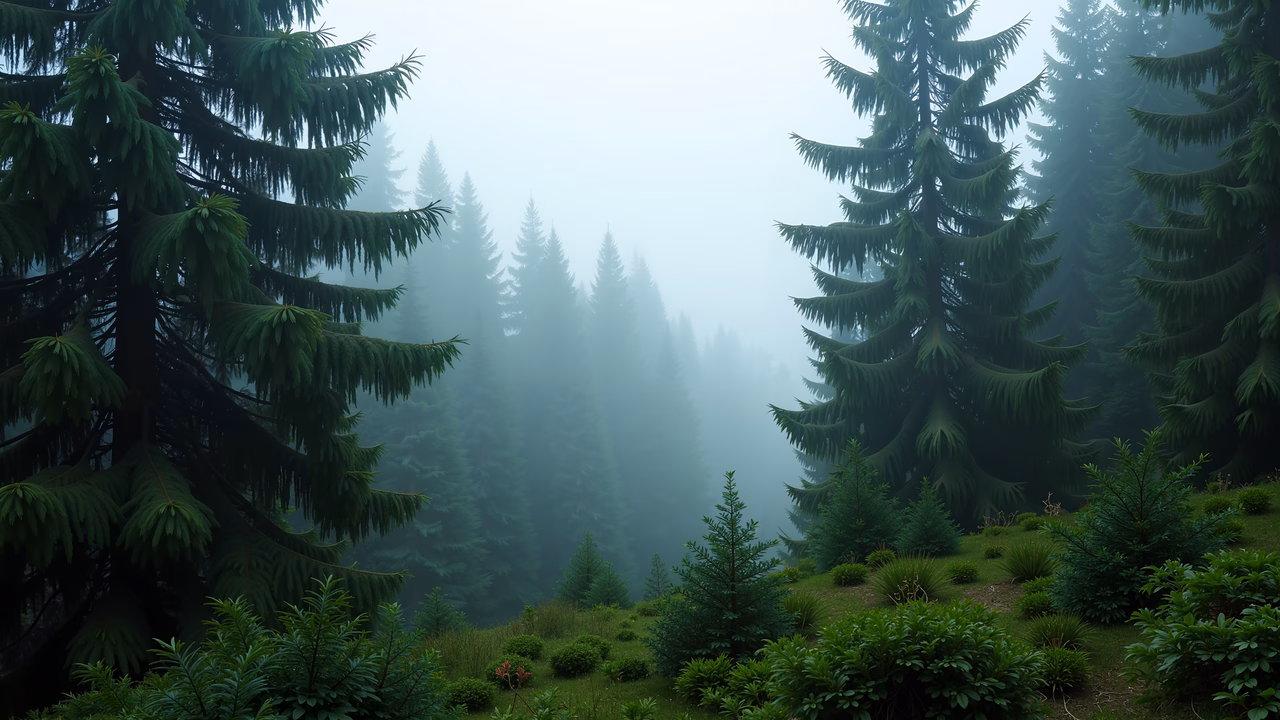 A misty forest scene with tall evergreens and lush greenery, creating a tranquil atmosphere.