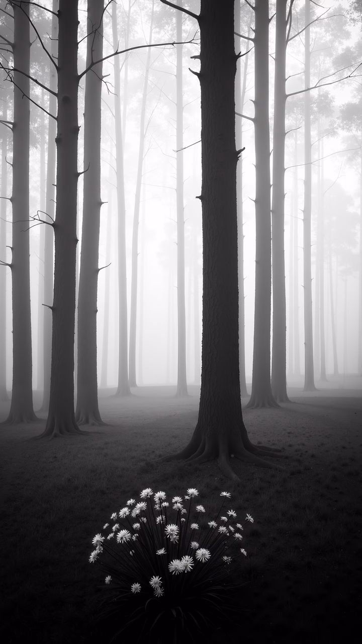 A tranquil, misty forest scene with tall trees and delicate white flowers in black-and-white.