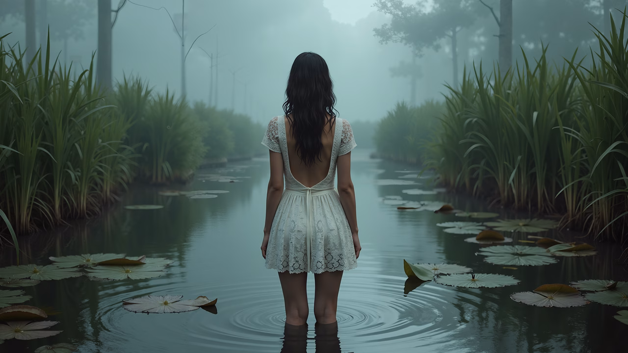 Solitude amidst misty waters and reeds.