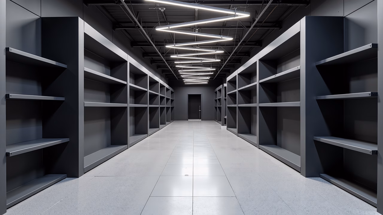 Symmetrical shelving in a modern, industrial storage hallway with cool lighting.