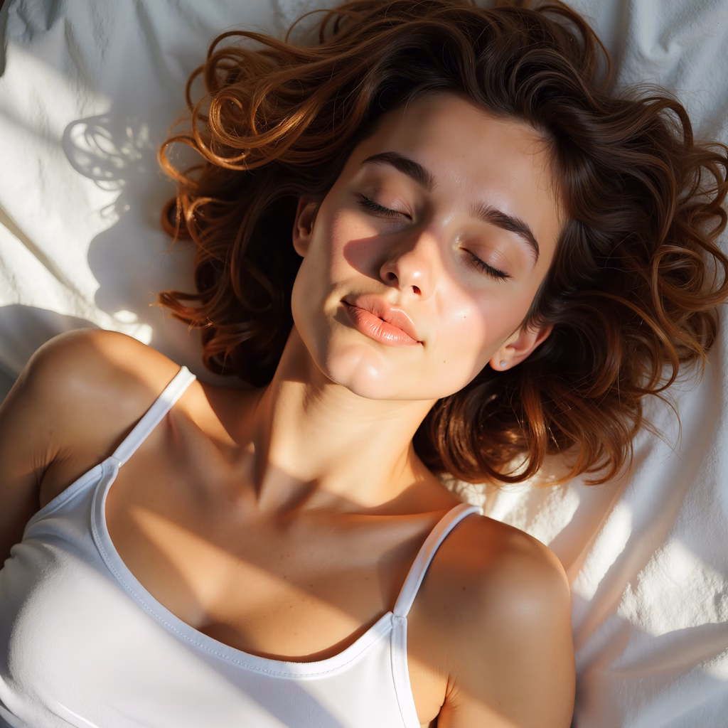 A tranquil morning portrait of a woman lying on a white bedspread, bathed in soft morning light.