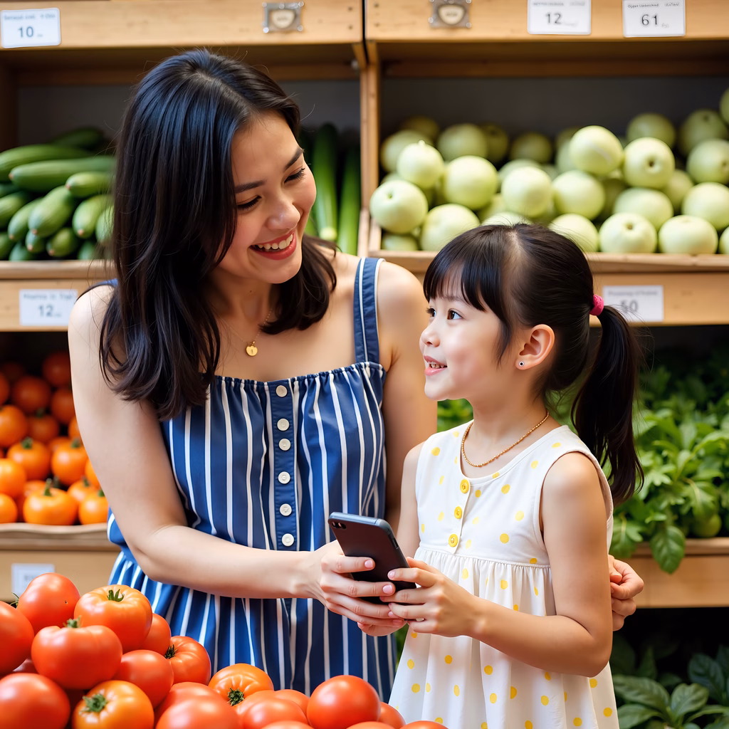 A mother and daughter share a joyful moment while shopping in a grocery store.