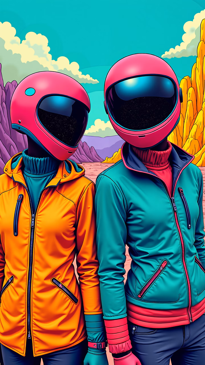 Two motorcyclists in colorful helmets against a surreal landscape.
