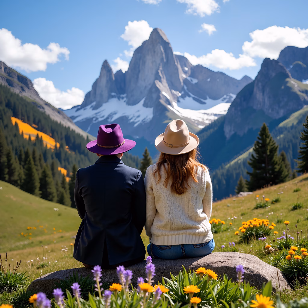 Romantic mountain view with two individuals enjoying nature's beauty.