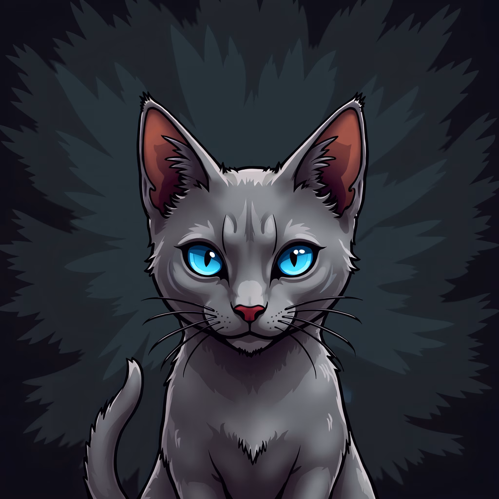 Mysterious cat with striking blue eyes in a dark, spiky environment.