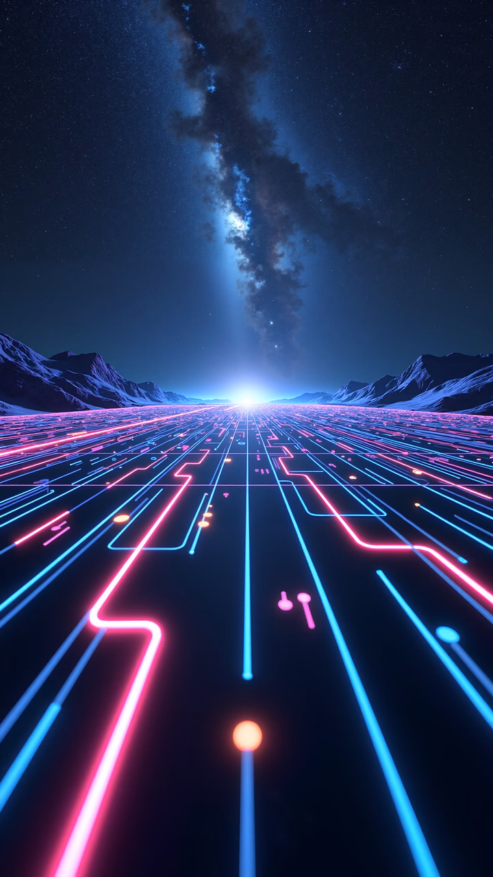 Futuristic neon circuitry under a starlit sky, blending technology and nature.
