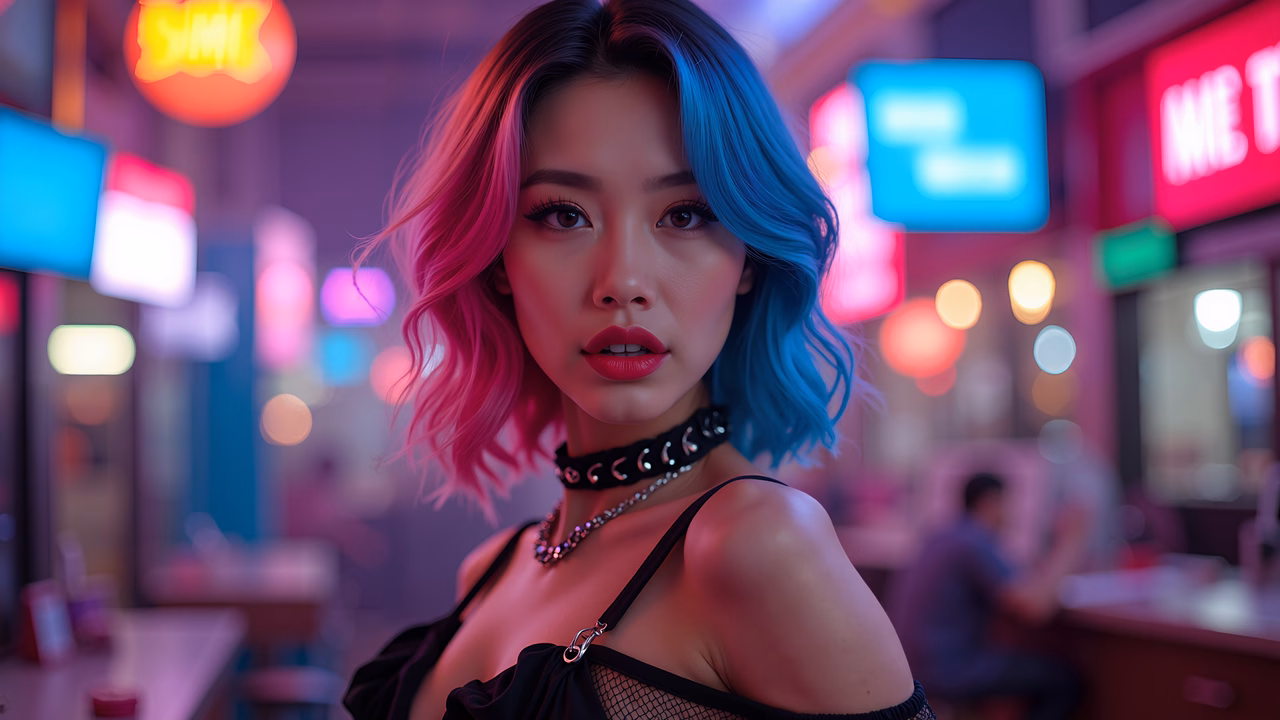 Vibrant neon portrait of a stylish woman in an urban setting.