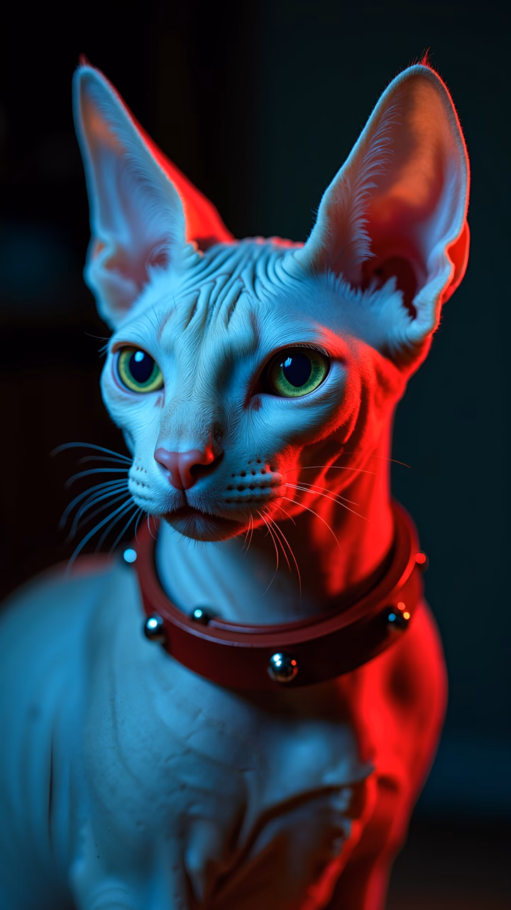 A Sphynx cat illuminated by neon lights, showcasing its sleek form and distinctive features.