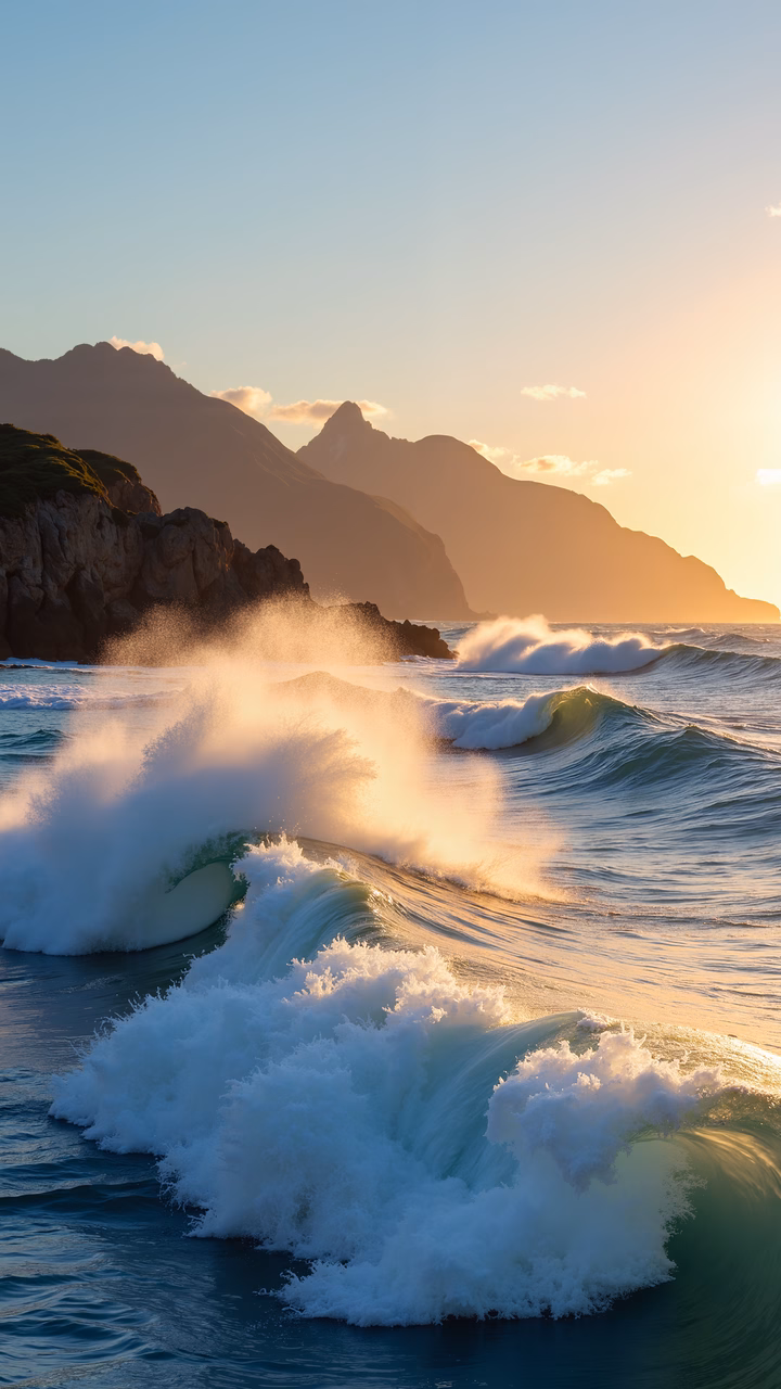 Dynamic ocean waves at sunset with rugged cliffs in the background.