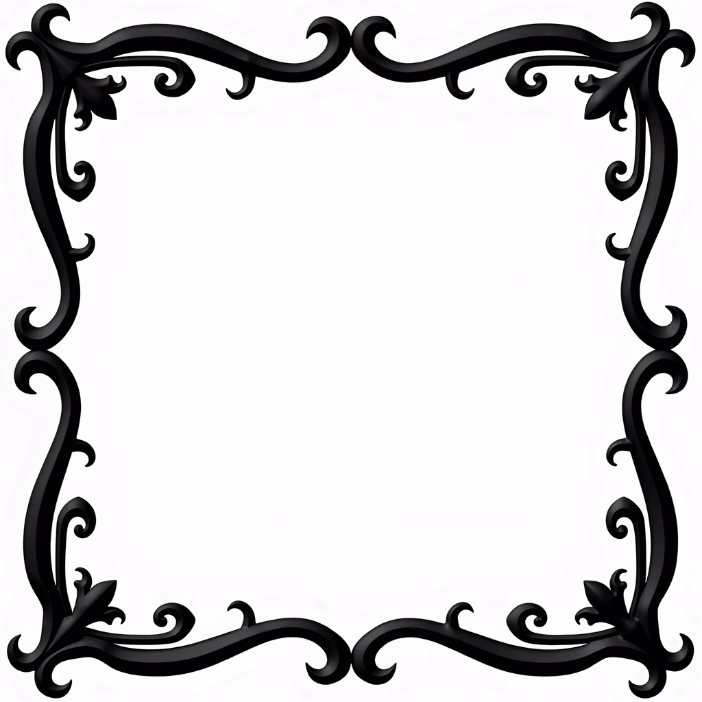 Elegant black scrollwork frame on white background.