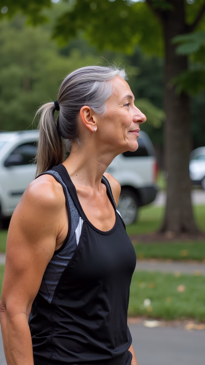 Thoughtful woman in black tank top amidst greenery.