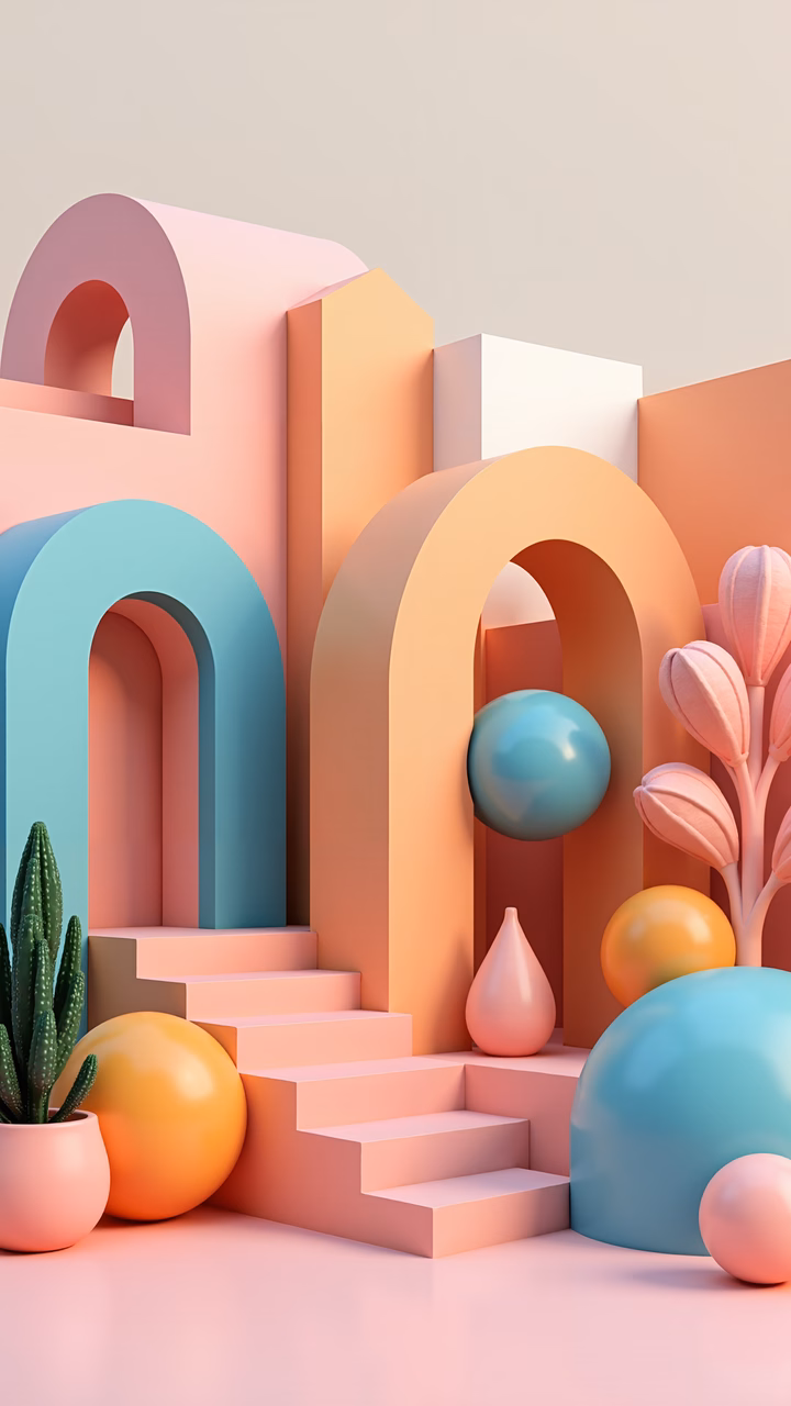 Vibrant pastel colors and geometric shapes create a playful and modern scene.