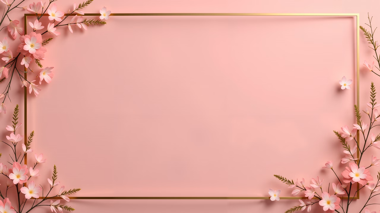 Minimalist pastel pink floral frame with gold border, elegant and tranquil.