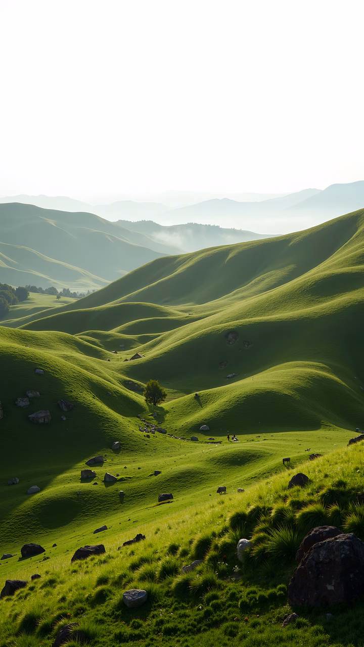 Rolling green hills under soft light, tranquil pastoral scene