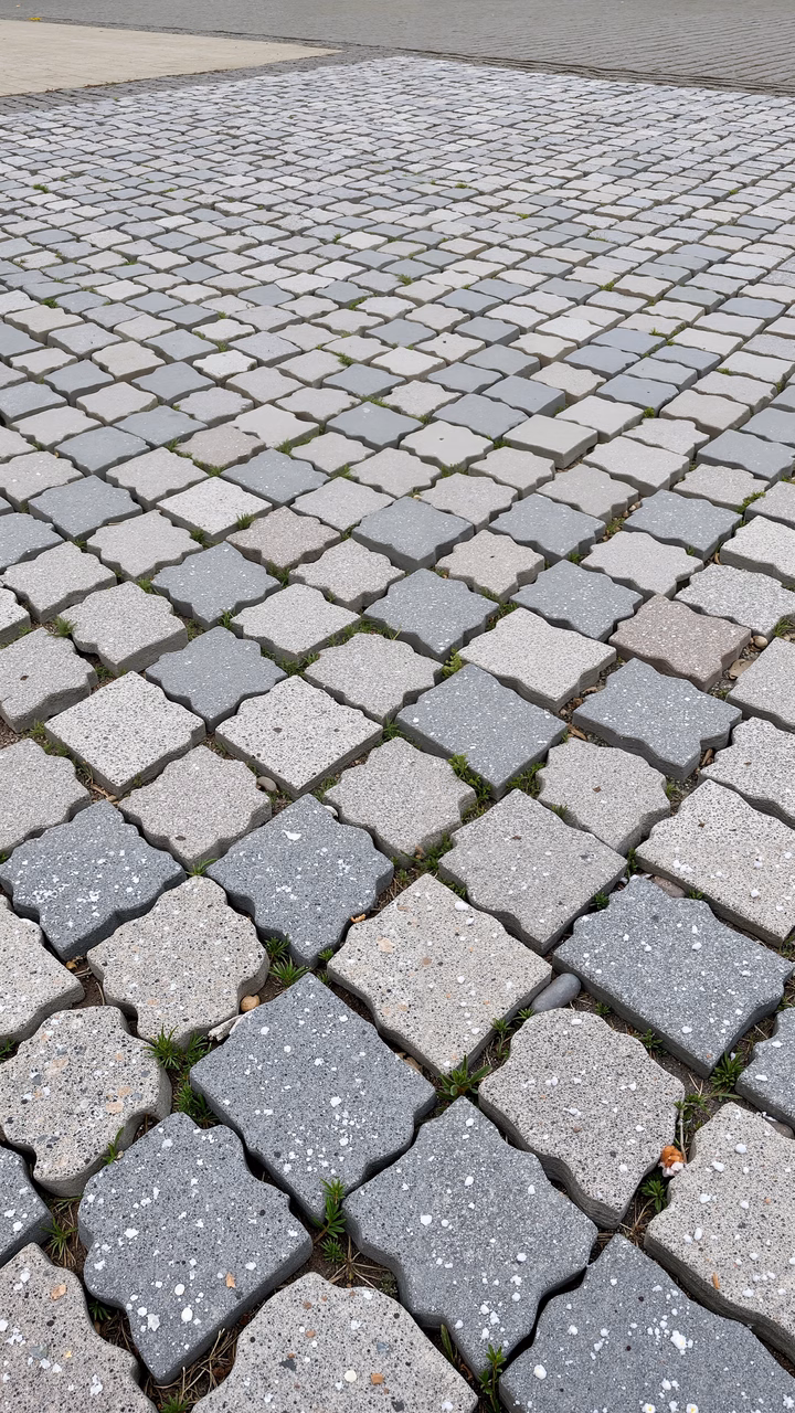 Close-up of a textured, grassy paved pathway with concrete blocks.