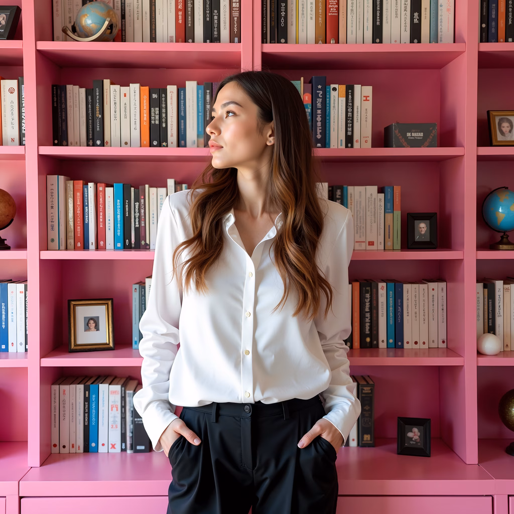 Confident woman in front of colorful bookshelf, portrait photography.