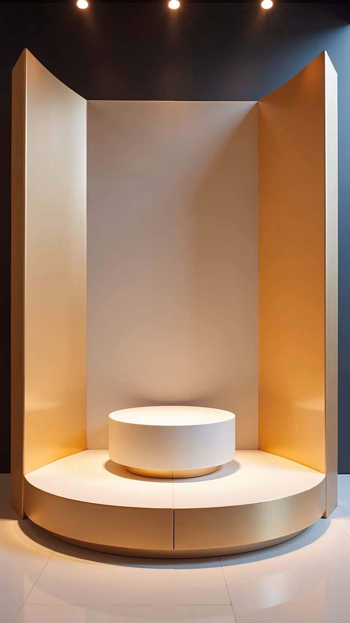 Minimalist podium setup with warm beige tones and spotlights.