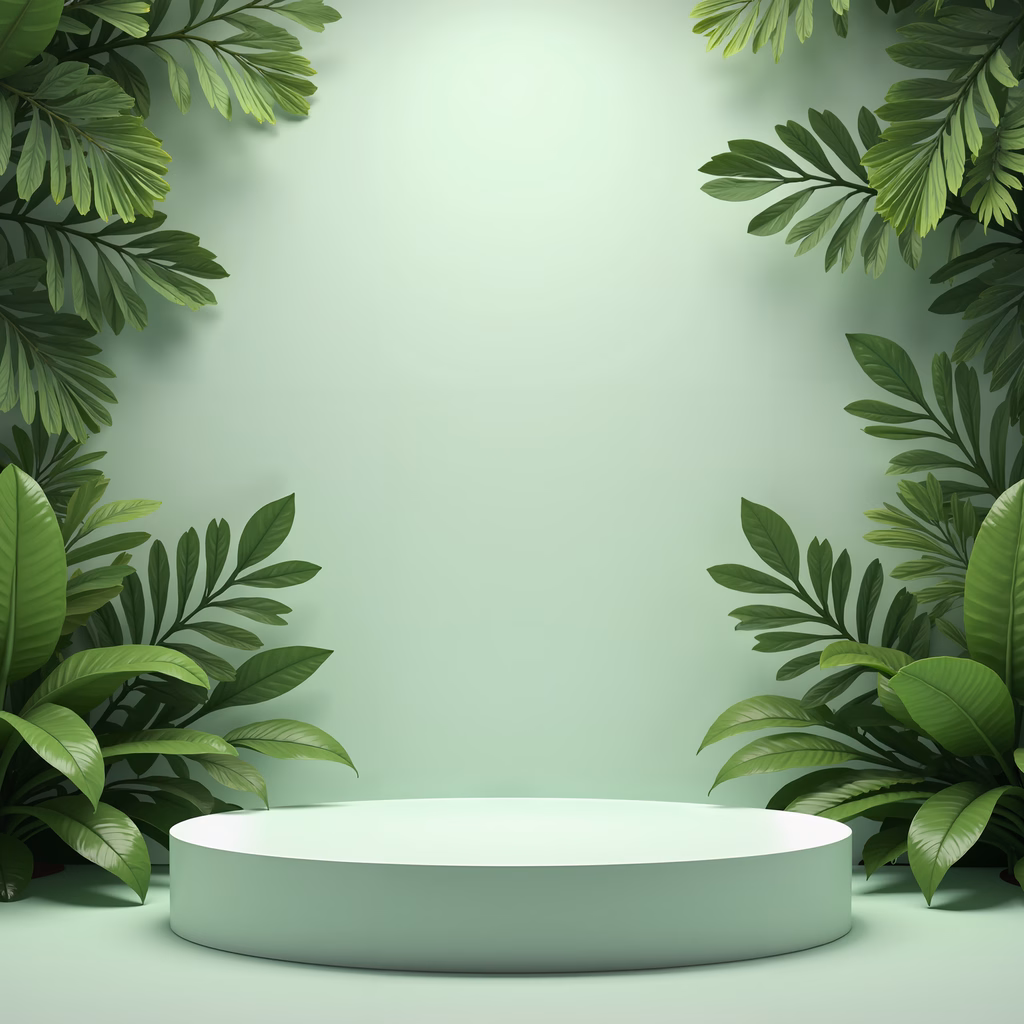 Minimalist podium surrounded by lush greenery in a serene setting.