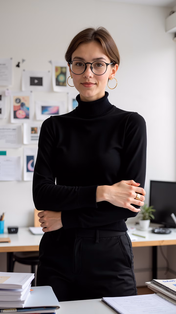 Confident professional woman in a minimalist office setting.