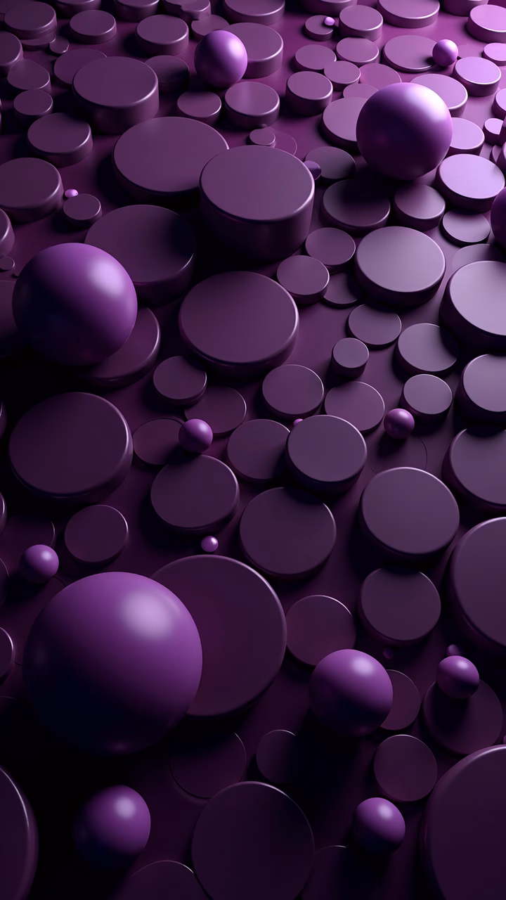 Abstract illustration featuring purple spheres and cylinders in a serene, textured composition.