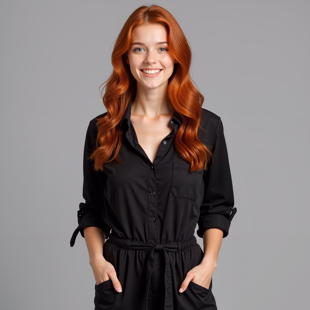 Bright-eyed woman in stylish black attire exuding confidence and positivity.