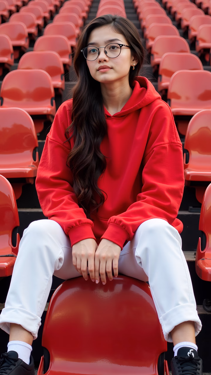 Casual fashion photography in a vibrant red hoodie and white pants, set against a backdrop of empty stadium seats.