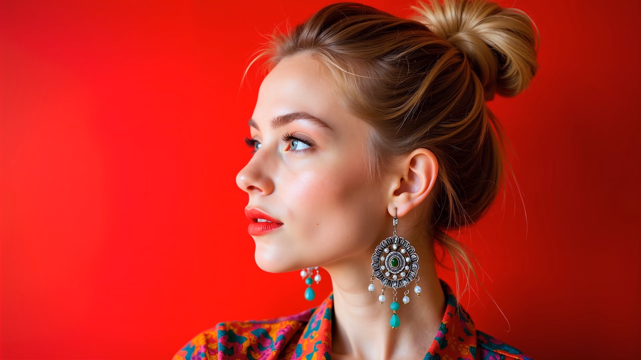 Bold red portrait with elegant jewelry and vibrant fashion.