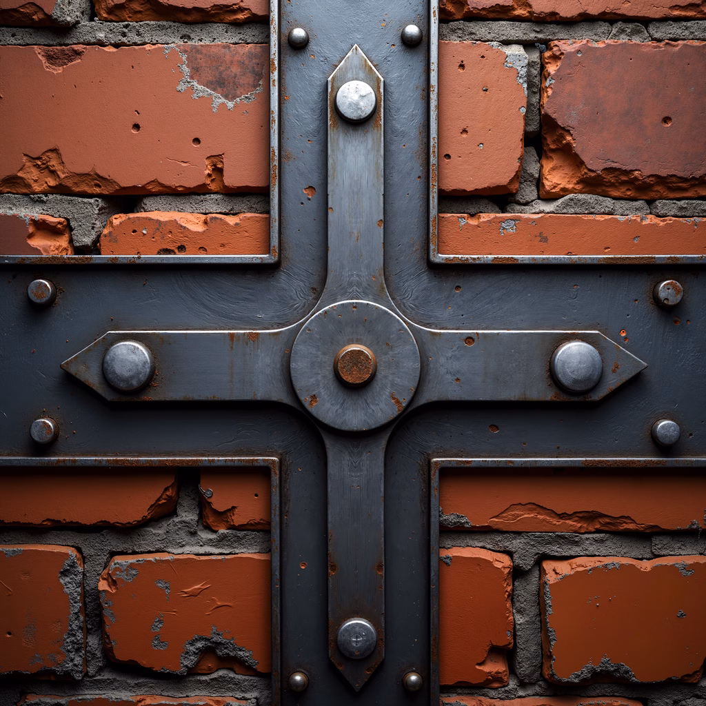 Close-up of a rusted metal door with textured brick background.