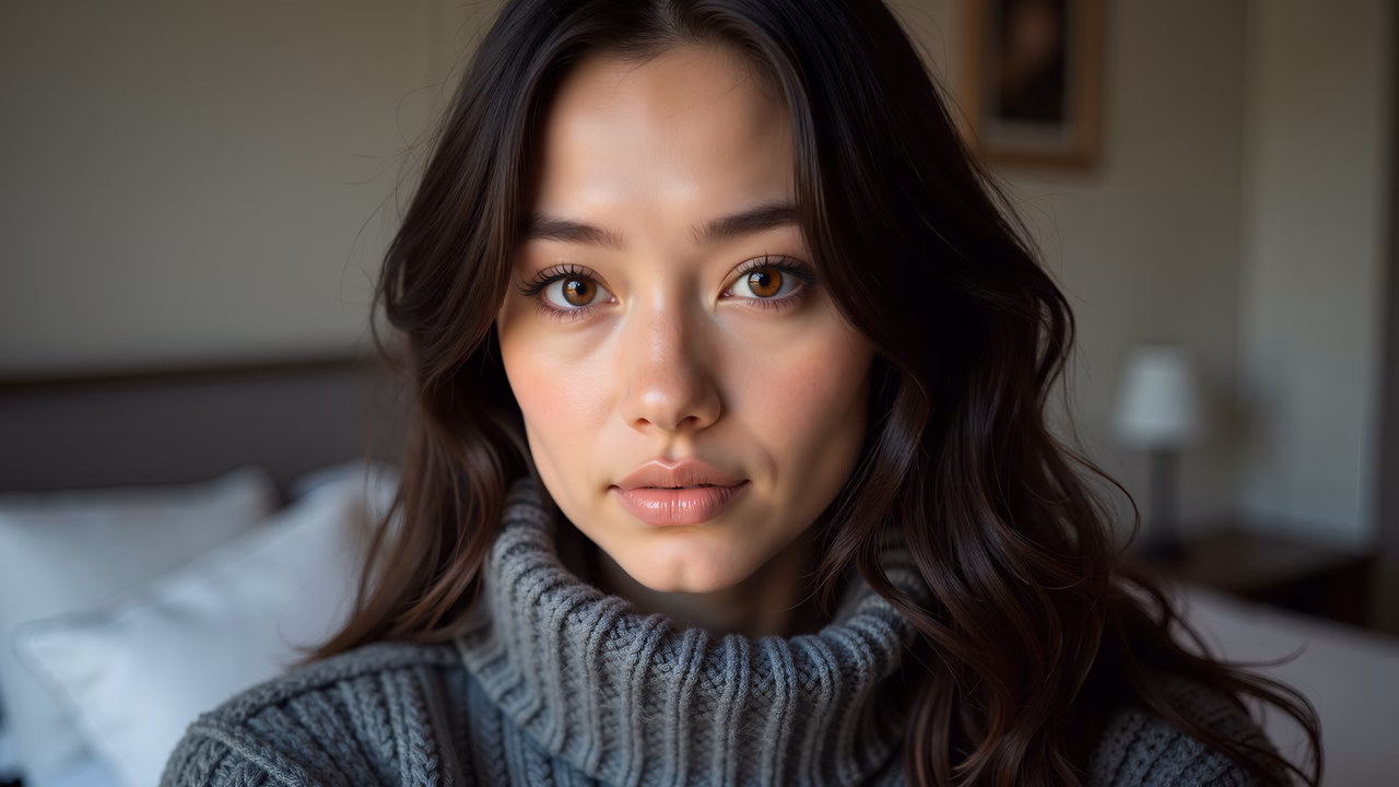 Close-up portrait of a woman with soft lighting and gentle features, evoking a sense of calm.