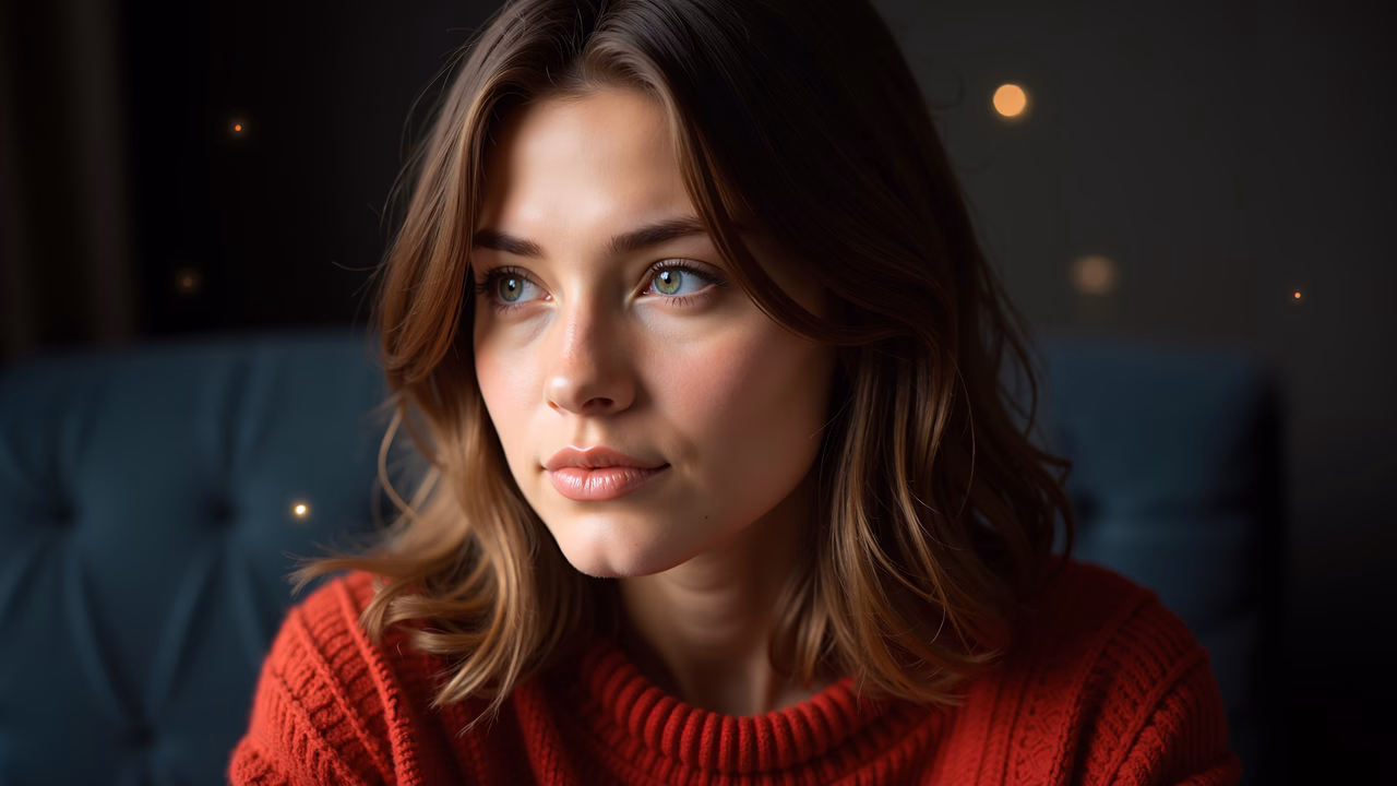 Close-up portrait of a woman with green eyes and red sweater, set against a dark, bokeh-lit background.