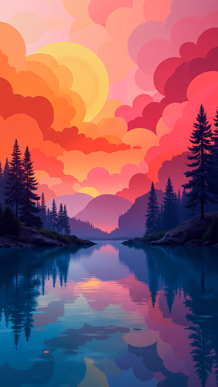 A serene sunset scene reflected in a calm lake, surrounded by pine trees.